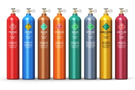 Colorful gas containers in a line